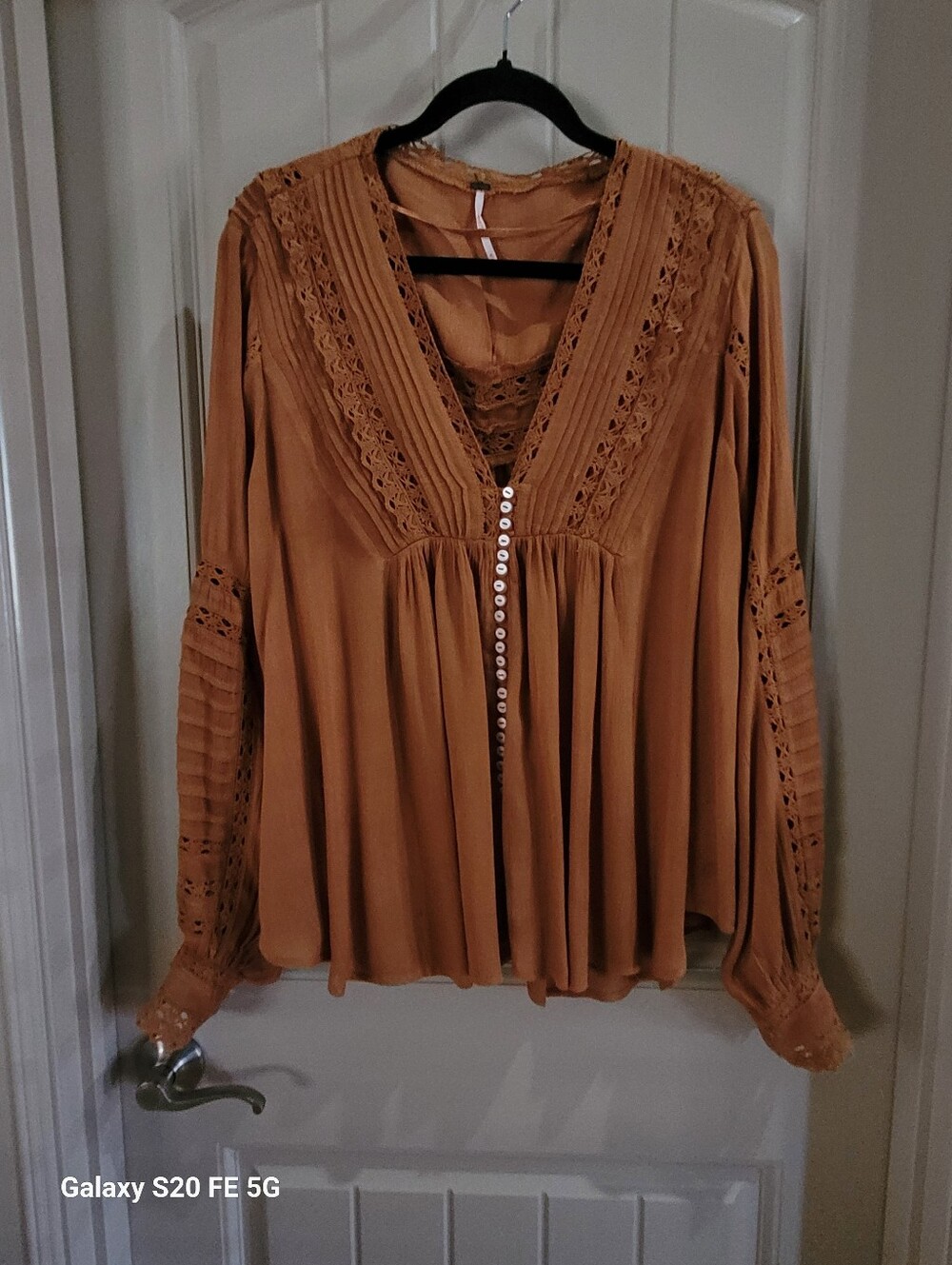 Boho Lace-Trim Peasant Blouse - Rust